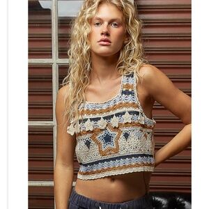 POL Crochet Tank Top - Blue, Brown, Cream